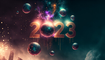 2023, new year, firework, colors, space - obrazy, fototapety, plakaty
