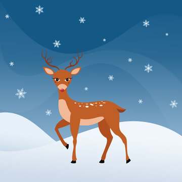 Female reindeer on a snowy winterland background vector illustration