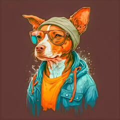 Funny Hipster Cute Dog Art Illustration, Anthropomorphic Dogs