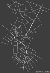 Detailed negative navigation white lines urban street roads map of the STEMMER QUARTER of the German town of MINDEN, Germany on dark gray background