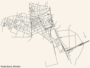 Detailed navigation black lines urban street roads map of the RODENBECK QUARTER of the German town of MINDEN, Germany on vintage beige background