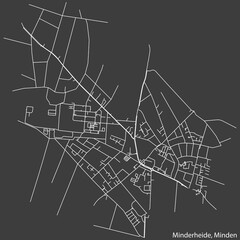 Detailed negative navigation white lines urban street roads map of the MINDERHEIDE QUARTER of the German town of MINDEN, Germany on dark gray background