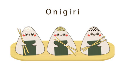 Onigiri characters with chopsticks in hands vector illustration. Three traditional Japanese rice balls with different emotions and spices wrapped in nori. Flat cartoon style