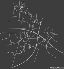 Detailed negative navigation white lines urban street roads map of the MEISSEN QUARTER of the German town of MINDEN, Germany on dark gray background