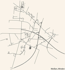 Detailed navigation black lines urban street roads map of the MEISSEN QUARTER of the German town of MINDEN, Germany on vintage beige background