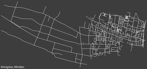 Detailed negative navigation white lines urban street roads map of the KÖNIGSTOR QUARTER of the German town of MINDEN, Germany on dark gray background