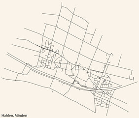 Detailed navigation black lines urban street roads map of the HAHLEN QUARTER of the German town of MINDEN, Germany on vintage beige background