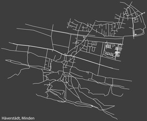 Detailed negative navigation white lines urban street roads map of the HÄVERSTÄDT QUARTER of the German town of MINDEN, Germany on dark gray background