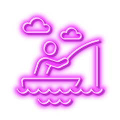 Boat fishing line icon. Fisherman with rod sign. Neon light effect outline icon.