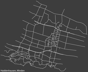 Detailed negative navigation white lines urban street roads map of the HADDENHAUSEN QUARTER of the German town of MINDEN, Germany on dark gray background
