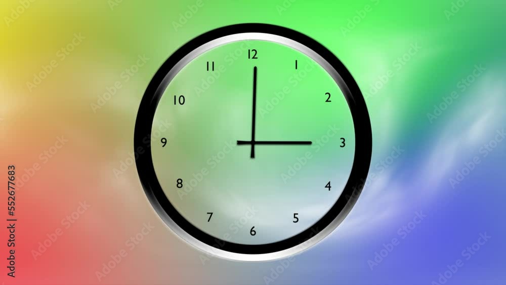 Poster infinity time looping clock on colorful blurred light motion animation background.