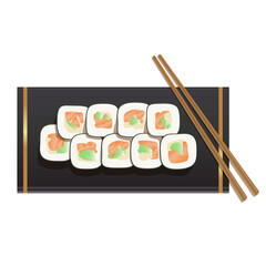 Vector illustration of sushi roll, japanese food, asian food, fish, nori, rice. Isolated on a white background