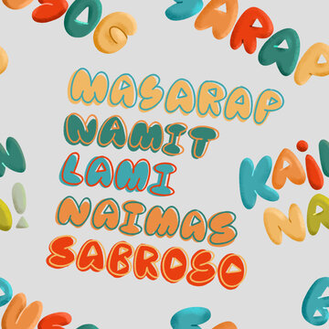 Illustrated lettering pattern in earth colors on gray background of Filipino words "Busog" "Sarap" "Kain Na!" and translations of "Masarap" in different Filipino languages