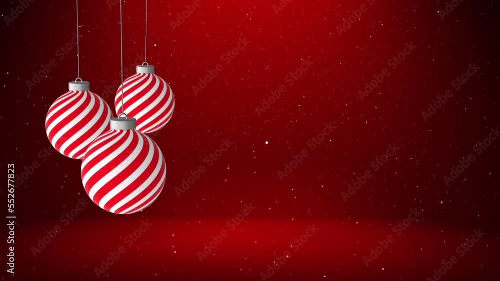 Poster abstract christmas red decorated baubles swinging on a string with seamless looping copy space anima