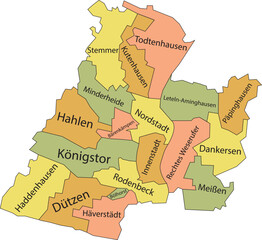 Pastel flat vector administrative map of MINDEN, GERMANY with name tags and black border lines of its quarters