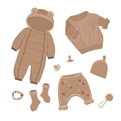 a set of beige children's clothing - street overalls, trousers with circles, a sweater, warm socks, a hat, a pacifier, a rattle, a teether. Isolated on a light background concept cartoon