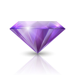 Vector 3d Realistic Purple Transparent Triangular Glowing Gemstone, Diamond, Crystal, Rhinestone Closeup on White Background with Reflection. Jewerly Concept. Design Template, Banner