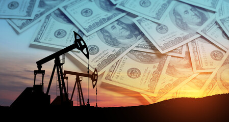 Oil price cap concept. Petroleum, petrodollar and crude oil concept. Oil pump on background of US...