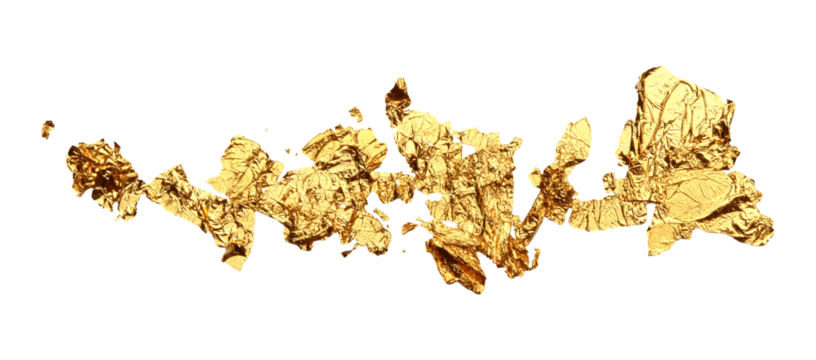 Abstract torn piece of metal leaf (potal) paper on Png tranparent background. Gold and bronze color.