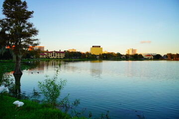 Fototapeta na wymiar Sun set Landscape of city center of lakeland Florida