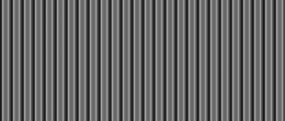 Vector black vertical striped metal fence texture. Realistic plastic house siding seamless pattern. 3d iron grooved wall background. Wavy aluminium urban sheet. Roofing metal sheet. Floor line plate