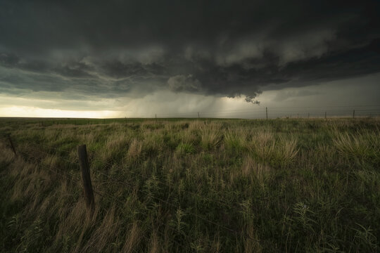 Dramatic skies over the landscape seen during a storm chasing tour in the midwest of the United States; Kansas, United States of America