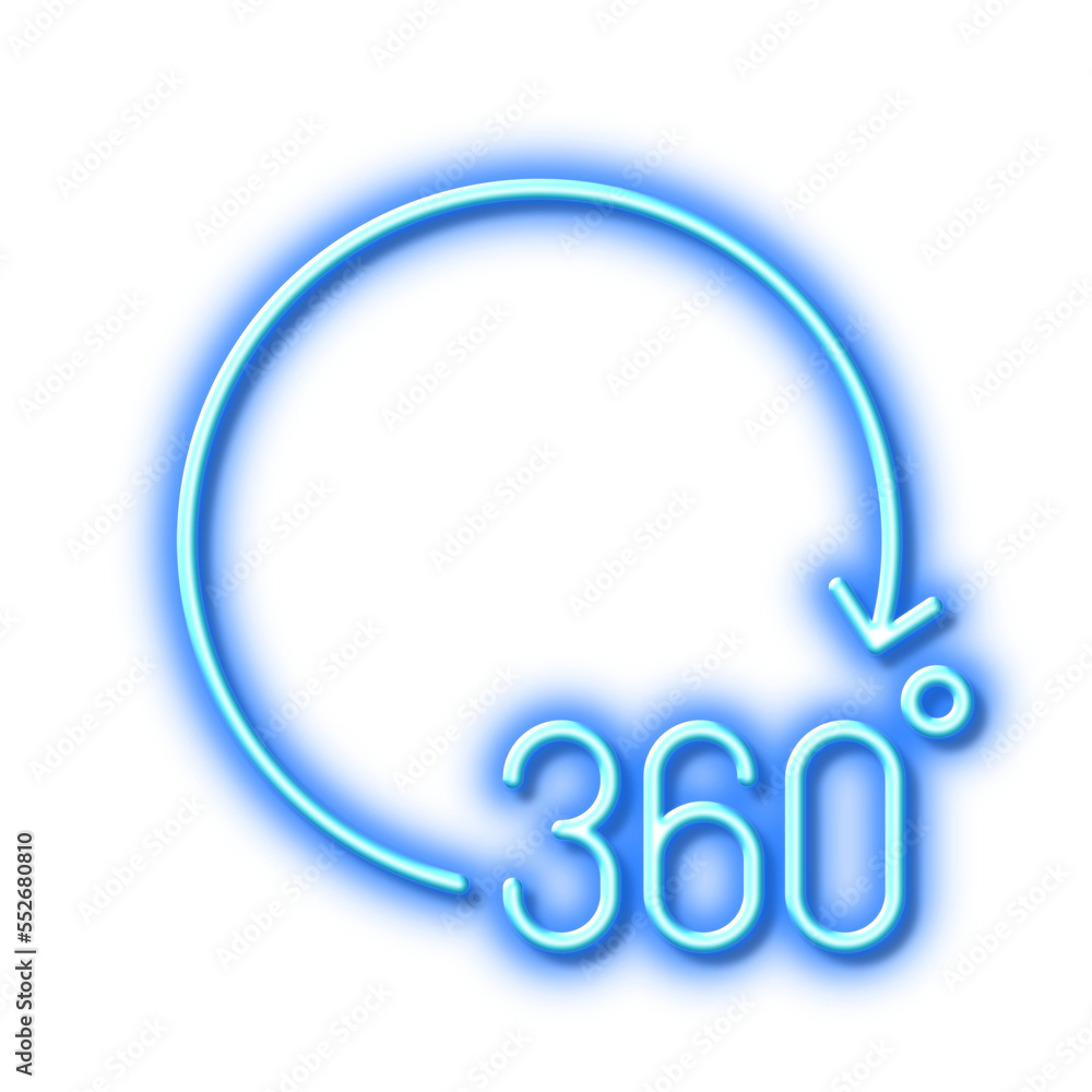 Poster 360 degrees line icon. vr simulation sign. panoramic view. neon light effect outline icon.