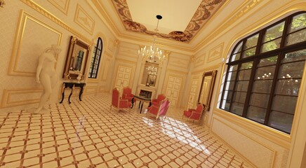 Fantasy pallazio royal palace interior 3d illustration