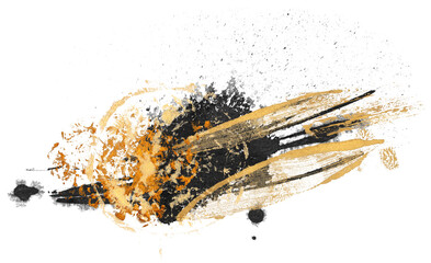 Black and Gold Abstract color smear acrylic and watercolor blot painting. Monotype template. Isolated Png transparent background.