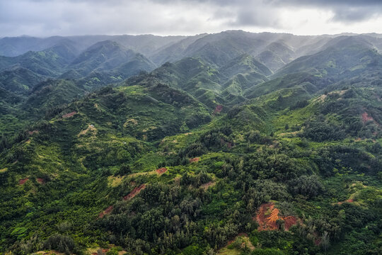 Aerial image of the lush mountains surrounding Oahu; Oahu, Hawaii, United States of America