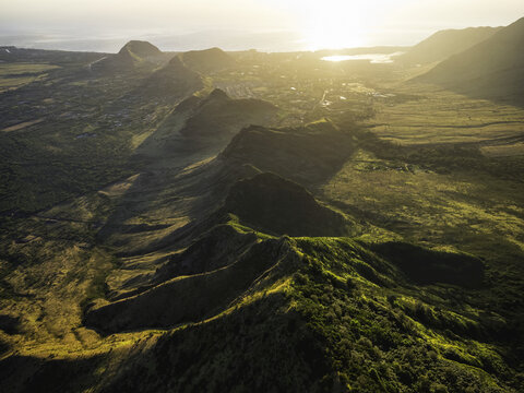 Aerial image of the lush mountains surrounding Oahu; Oahu, Hawaii, United States of America