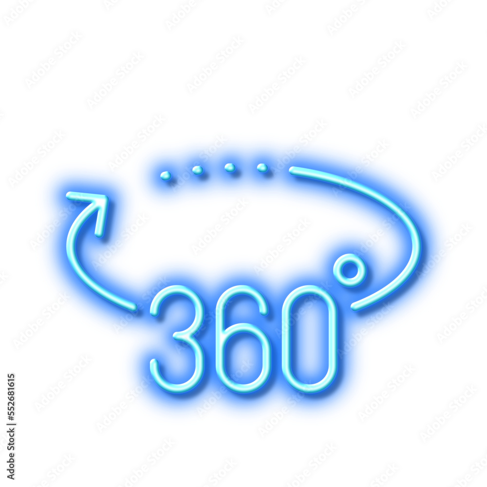 Poster 360 degrees line icon. vr simulation sign. panoramic view. neon light effect outline icon.