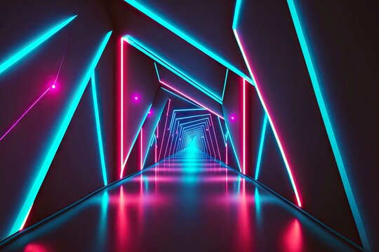 3d render neon arched tunnel in form of receding illuminated lines and walls © altitudevisual