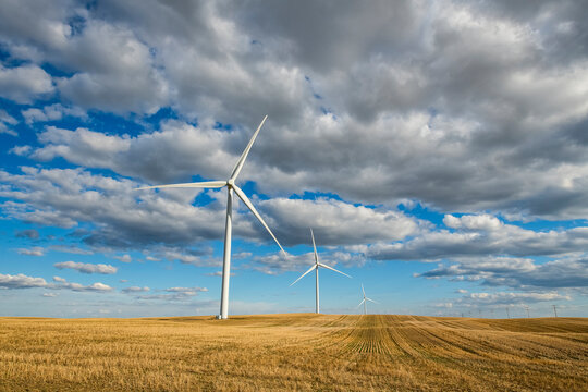 Wind turbines on a vast field of farmland under a cloudy sky; Saskatchewan, Canada