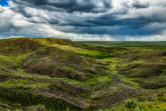 Dramatic storm clouds during a rainfall on the prairies, Grassland National Park; Val Marie, Saskatchewan, Canada