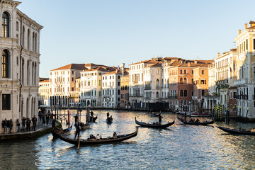 A view of the grand canal in Venice, Italy before sunset.