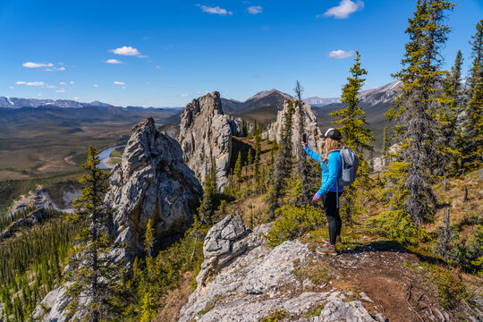 Woman hiking along the Dempster Highway enjoying the scenery on top of Sapper Hill, taking photographs with her smart phone; Yukon, Canada