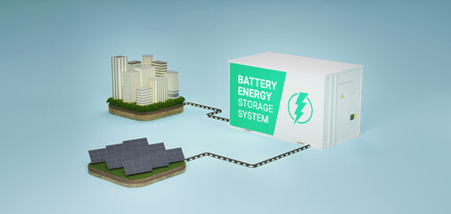 Solar City, Battery energy storage system, Solar power plant, ESS, 
3D Rendering, 3D Illustration.