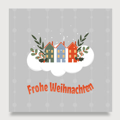 Christmas and New Year 2023 greeting card template. Vector illustration concepts for graphic and web design, social media banner, marketing material. Cute scandinavian style houses.