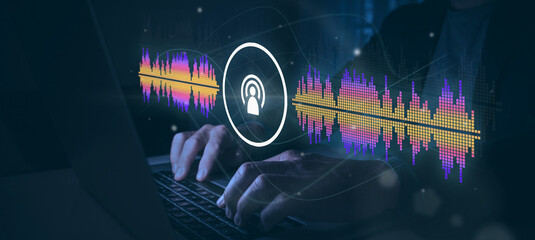 Businessman recording audio conversation Listening podcast online Customer call center support...