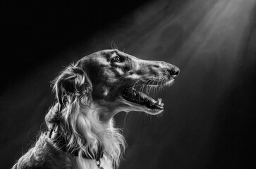 Portrait of a hound on a black background in a studio with magic light black and white photo