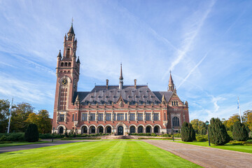 Wide angle view of the Peace Palace (Dutch: 'Vredespaleis') in the city of The Hague. An administrative building international law where various legal organisations are housed.