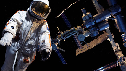 Astronaut on the background of the ISS, spacewalk, international space programs. Collage of models of the historical museum