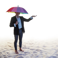 Global economic crisis, shortage of venture investments, concept. A businessman in the desert is waiting for rain