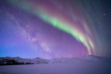Aurora borealis (or northern lights) over the Dempster Highway and the snow covered mountains in a starry sky in winter; Yukon, Canada