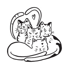 Funny cats family vector illustration. Funny cats doodle illustration