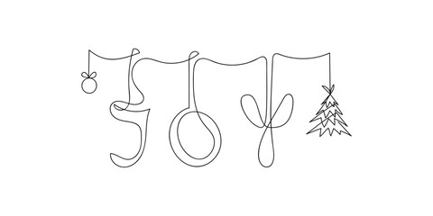 Garland with Christmas ball, letters, spruce drawn in one line. Word JOY. Christmas decoration. Continuous line drawing art. Vector illustration in doodle style.
