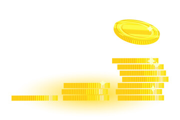 Increasing stacks of gold coins. Falling turnover of a shiny coin. vector flat illustration