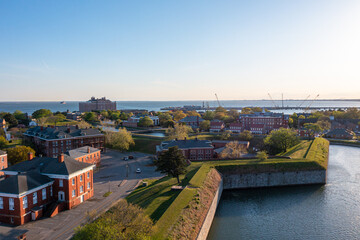 Aerial View of the Fort Monroe Earthen Walls and Buildings Looking West Towards the Chesapeake Bay