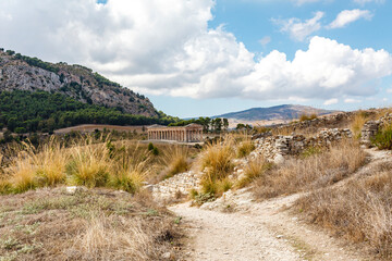 View at the Greek Doric temple in the Romantic hill landscape of Segesta, Sicily, Italy, Europe